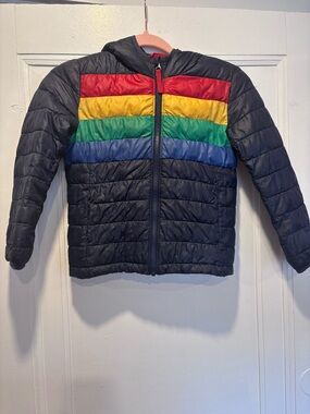 Primary Puffer Jacket with Rainbow Stripe